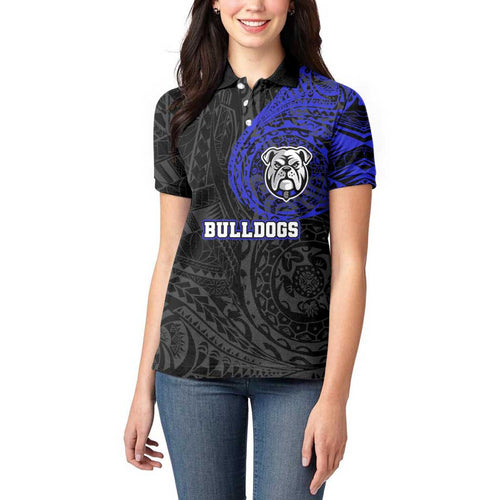 Personalized Canterbury-Bankstown Bulldogs Women Polo Shirt Polynesian Tribal Chest and Sleeve Tattoo