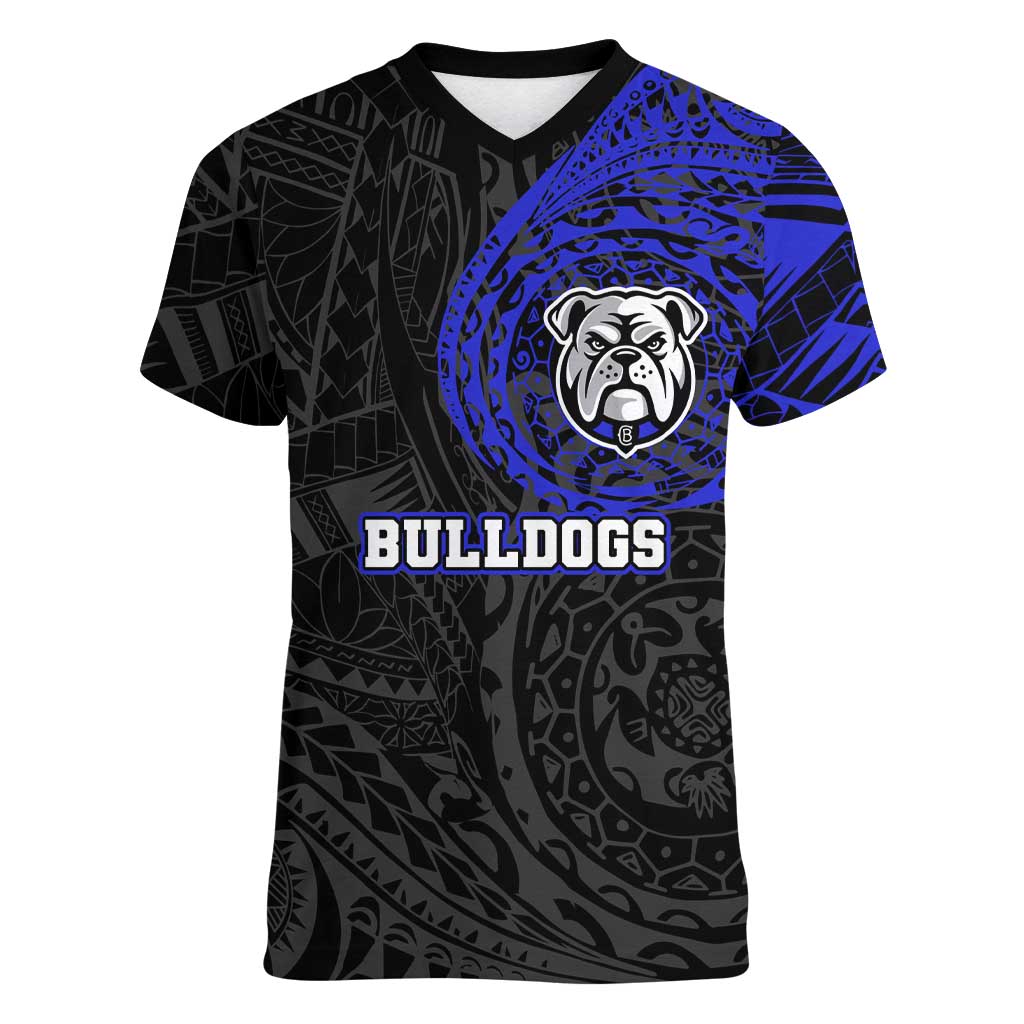 Personalized Canterbury-Bankstown Bulldogs Women V-Neck T-Shirt Polynesian Tribal Chest and Sleeve Tattoo