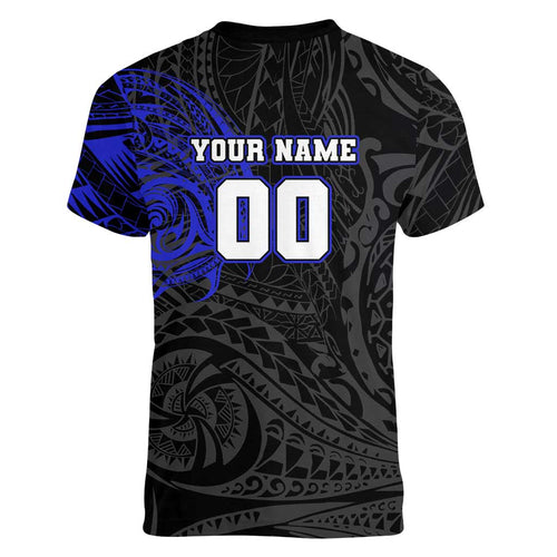 Personalized Canterbury-Bankstown Bulldogs Women V-Neck T-Shirt Polynesian Tribal Chest and Sleeve Tattoo