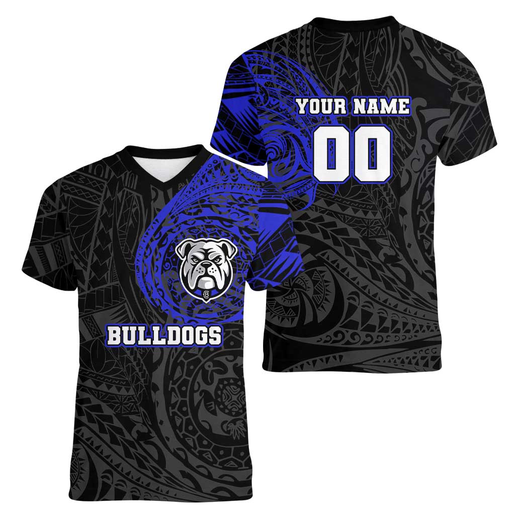 Personalized Canterbury-Bankstown Bulldogs Women V-Neck T-Shirt Polynesian Tribal Chest and Sleeve Tattoo