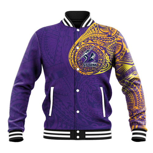Personalized Melbourne Storm Baseball Jacket Polynesian Tribal Chest and Sleeve Tattoo