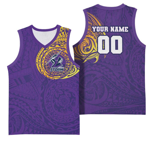 Personalized Melbourne Storm Basketball Jersey Polynesian Tribal Chest and Sleeve Tattoo