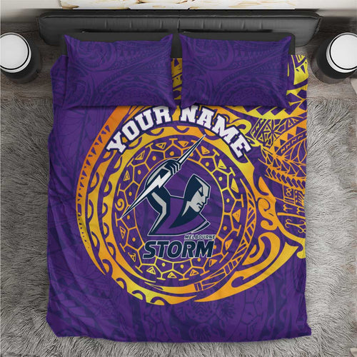 Personalized Melbourne Storm Bedding Set Polynesian Tribal Chest and Sleeve Tattoo