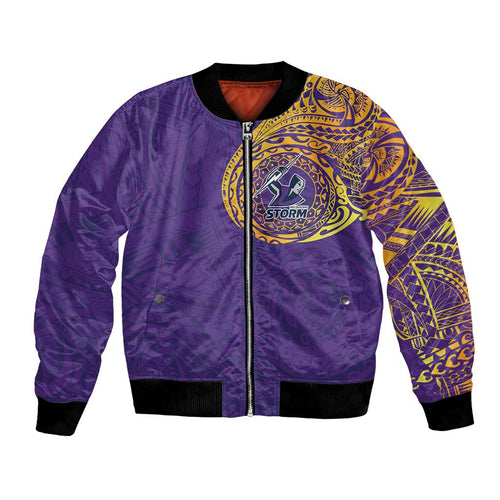 Personalized Melbourne Storm Bomber Jacket Polynesian Tribal Chest and Sleeve Tattoo