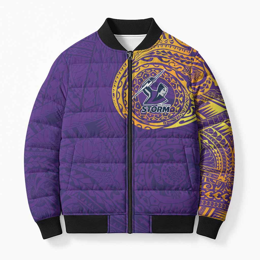 Personalized Melbourne Storm Bomber Puffer Jacket Polynesian Tribal Chest and Sleeve Tattoo