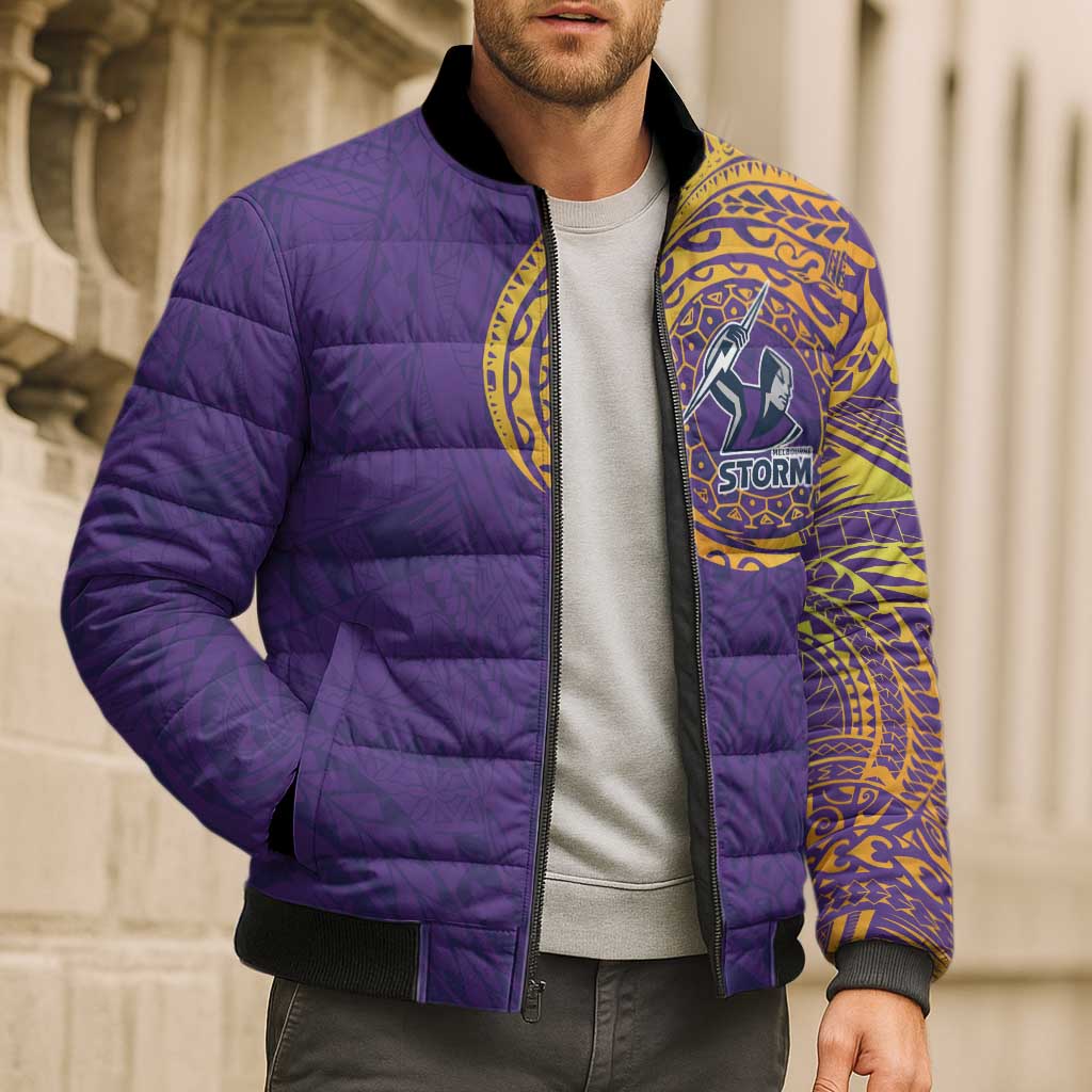 Personalized Melbourne Storm Bomber Puffer Jacket Polynesian Tribal Chest and Sleeve Tattoo