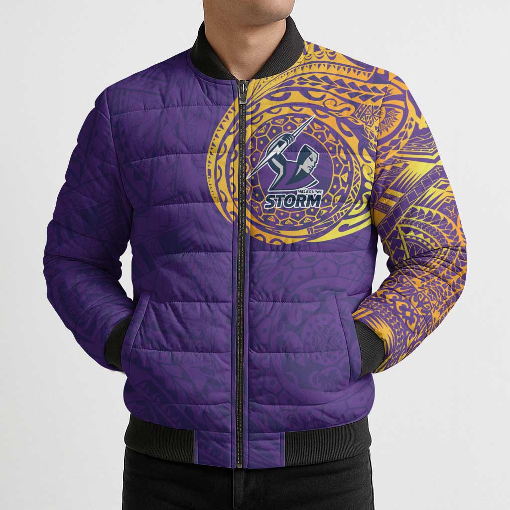 Personalized Melbourne Storm Bomber Puffer Jacket Polynesian Tribal Chest and Sleeve Tattoo