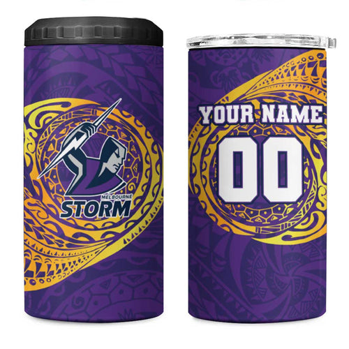 Personalized Melbourne Storm 4 in 1 Can Cooler Tumbler Polynesian Tribal Chest and Sleeve Tattoo