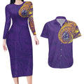Personalized Melbourne Storm Couples Matching Long Sleeve Bodycon Dress and Hawaiian Shirt Polynesian Tribal Chest and Sleeve Tattoo