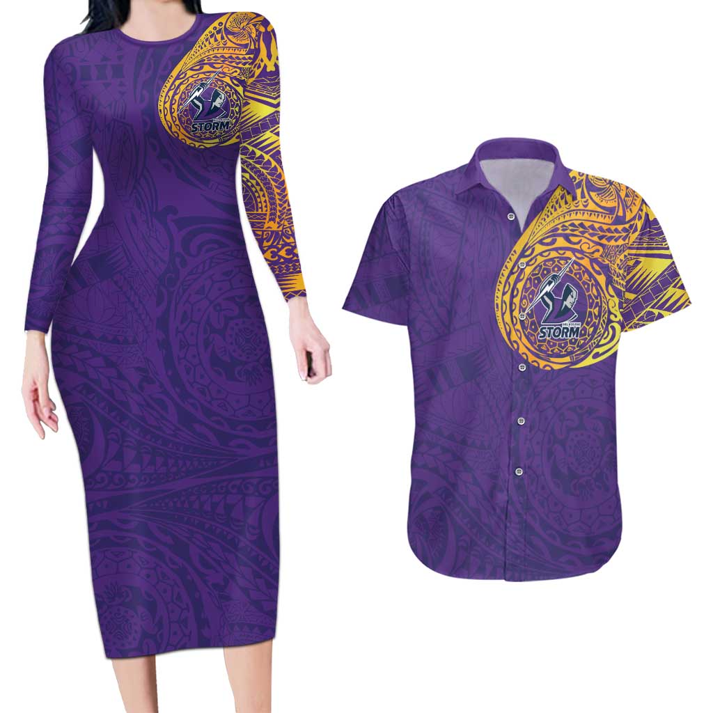 Personalized Melbourne Storm Couples Matching Long Sleeve Bodycon Dress and Hawaiian Shirt Polynesian Tribal Chest and Sleeve Tattoo