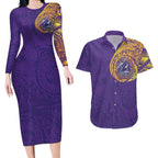 Personalized Melbourne Storm Couples Matching Long Sleeve Bodycon Dress and Hawaiian Shirt Polynesian Tribal Chest and Sleeve Tattoo