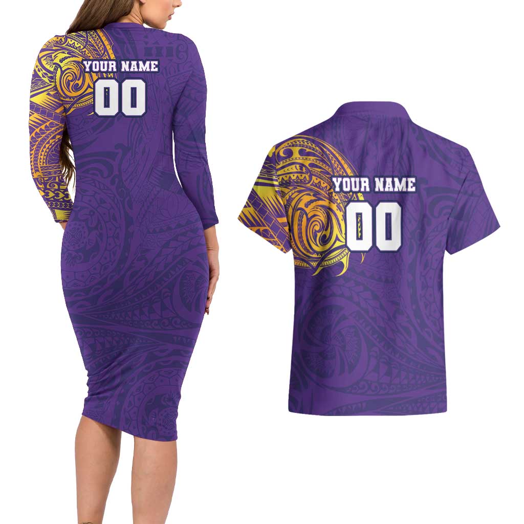 Personalized Melbourne Storm Couples Matching Long Sleeve Bodycon Dress and Hawaiian Shirt Polynesian Tribal Chest and Sleeve Tattoo