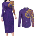 Personalized Melbourne Storm Couples Matching Long Sleeve Bodycon Dress and Long Sleeve Button Shirt Polynesian Tribal Chest and Sleeve Tattoo