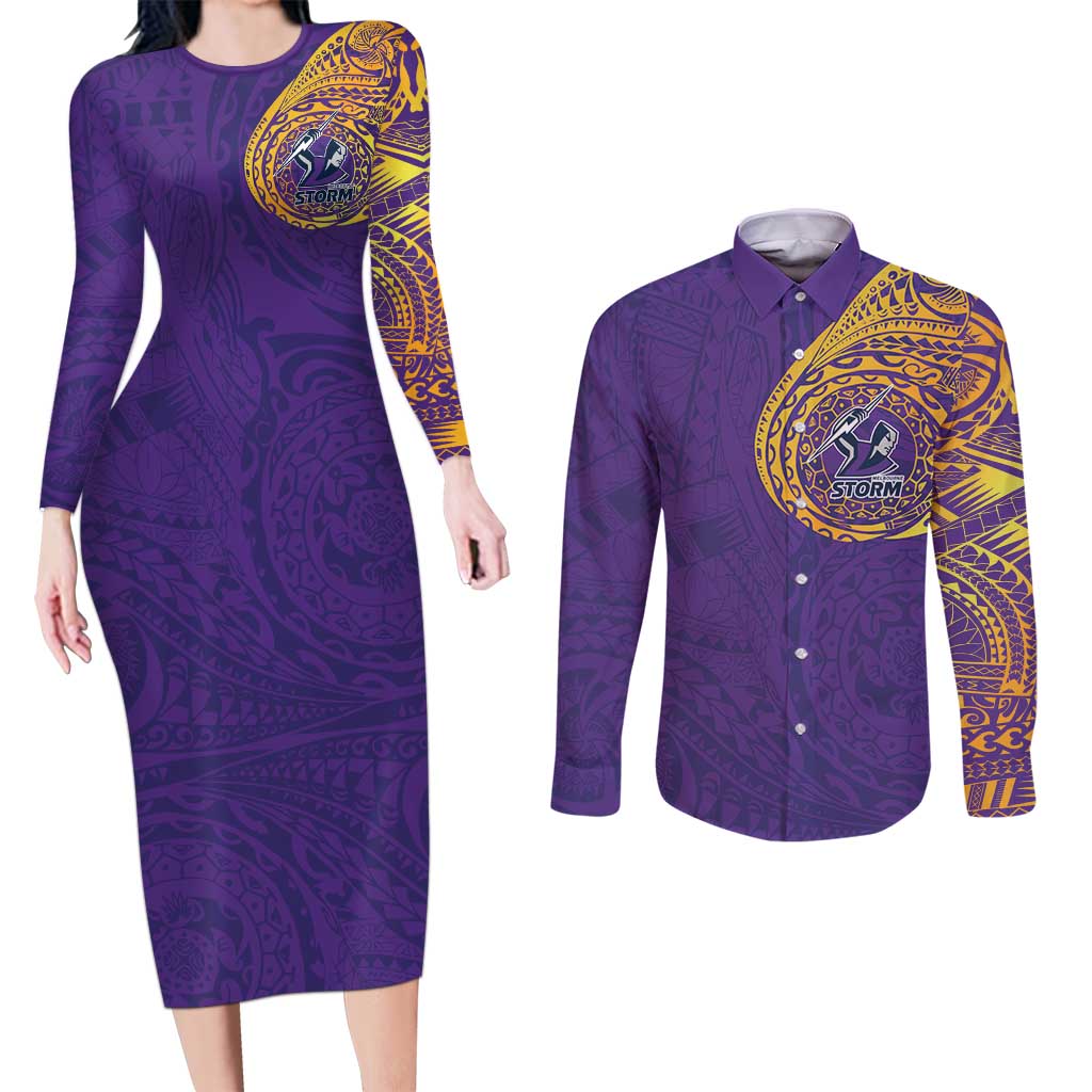 Personalized Melbourne Storm Couples Matching Long Sleeve Bodycon Dress and Long Sleeve Button Shirt Polynesian Tribal Chest and Sleeve Tattoo
