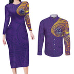 Personalized Melbourne Storm Couples Matching Long Sleeve Bodycon Dress and Long Sleeve Button Shirt Polynesian Tribal Chest and Sleeve Tattoo