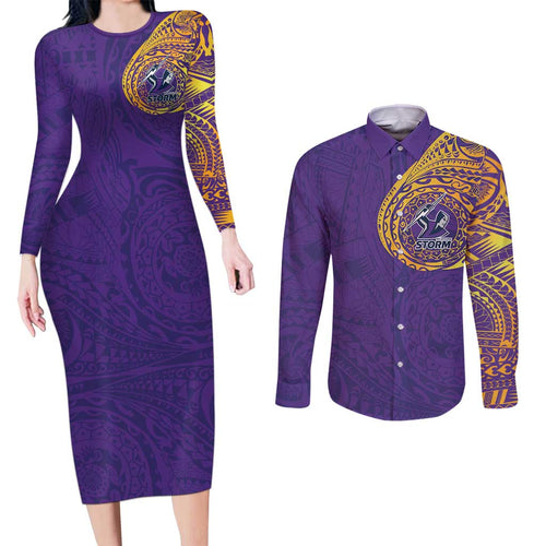Personalized Melbourne Storm Couples Matching Long Sleeve Bodycon Dress and Long Sleeve Button Shirt Polynesian Tribal Chest and Sleeve Tattoo