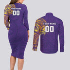 Personalized Melbourne Storm Couples Matching Long Sleeve Bodycon Dress and Long Sleeve Button Shirt Polynesian Tribal Chest and Sleeve Tattoo