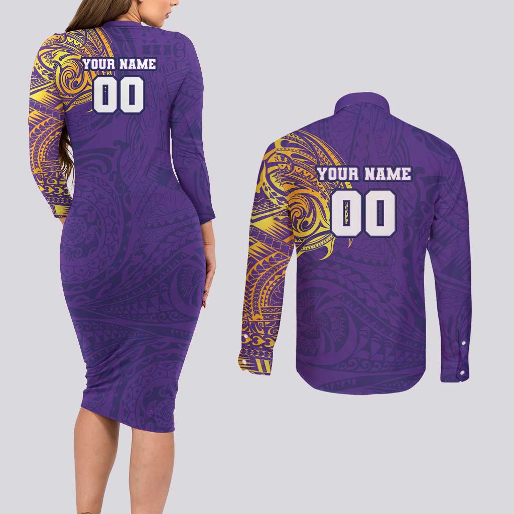 Personalized Melbourne Storm Couples Matching Long Sleeve Bodycon Dress and Long Sleeve Button Shirt Polynesian Tribal Chest and Sleeve Tattoo