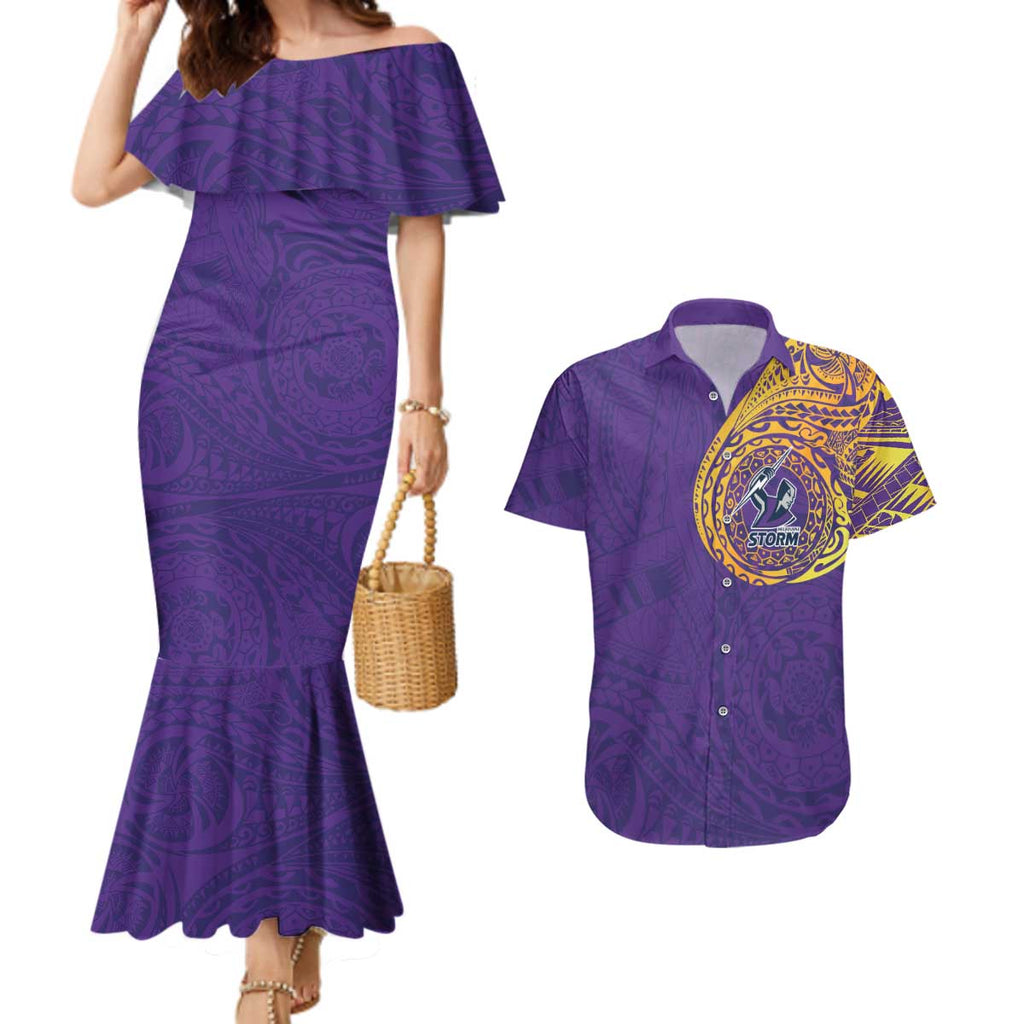 Personalized Melbourne Storm Couples Matching Mermaid Dress and Hawaiian Shirt Polynesian Tribal Chest and Sleeve Tattoo