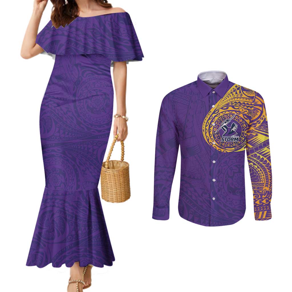 Personalized Melbourne Storm Couples Matching Mermaid Dress and Long Sleeve Button Shirt Polynesian Tribal Chest and Sleeve Tattoo