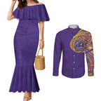 Personalized Melbourne Storm Couples Matching Mermaid Dress and Long Sleeve Button Shirt Polynesian Tribal Chest and Sleeve Tattoo