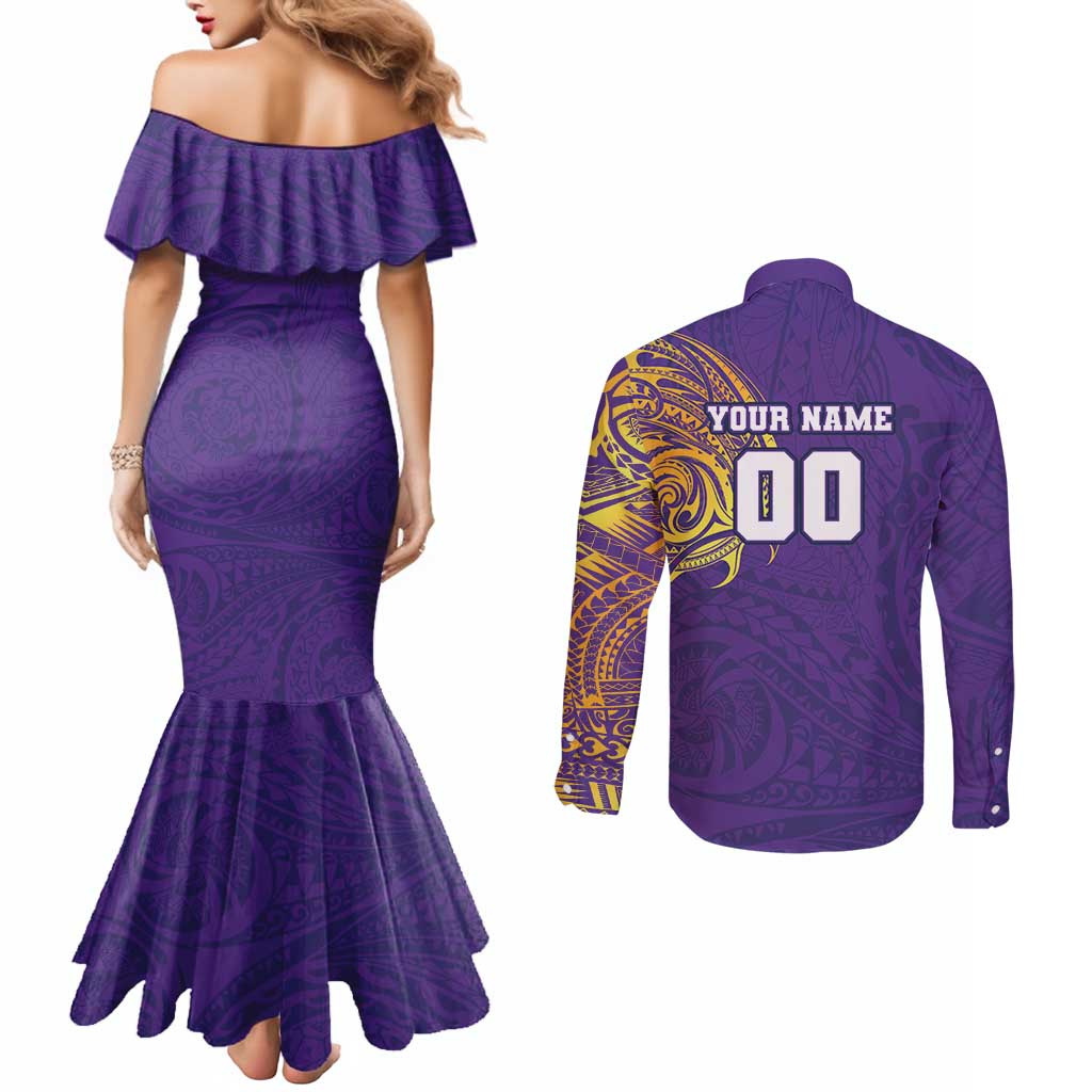 Personalized Melbourne Storm Couples Matching Mermaid Dress and Long Sleeve Button Shirt Polynesian Tribal Chest and Sleeve Tattoo