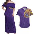 Personalized Melbourne Storm Couples Matching Off Shoulder Maxi Dress and Hawaiian Shirt Polynesian Tribal Chest and Sleeve Tattoo