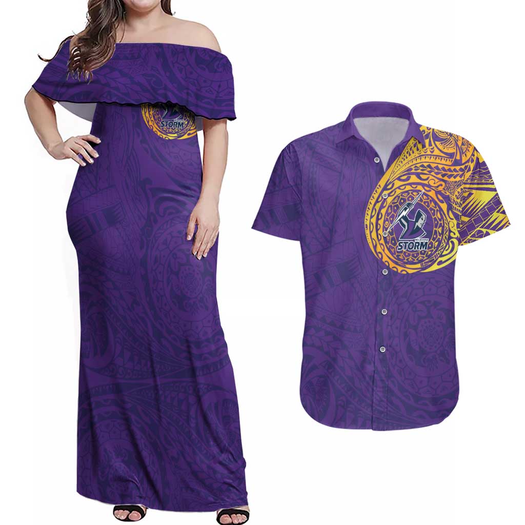 Personalized Melbourne Storm Couples Matching Off Shoulder Maxi Dress and Hawaiian Shirt Polynesian Tribal Chest and Sleeve Tattoo