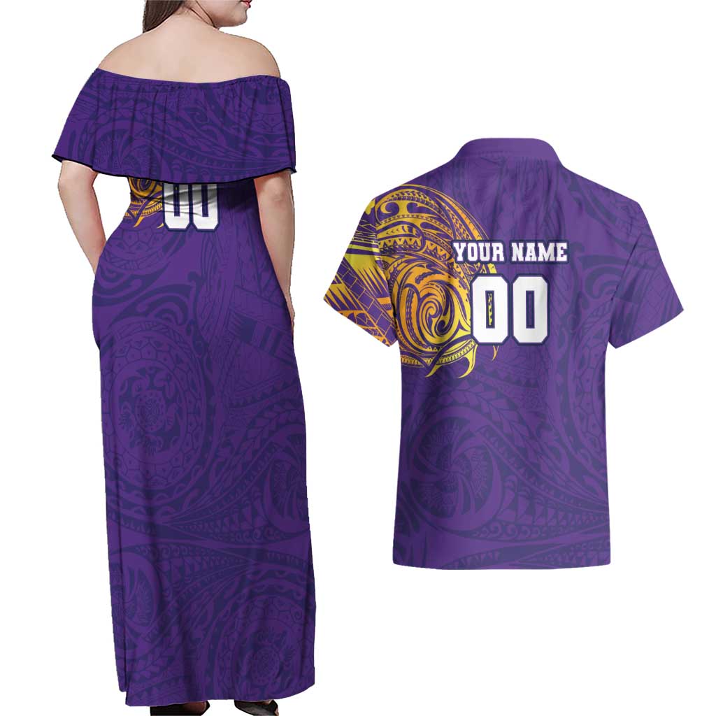 Personalized Melbourne Storm Couples Matching Off Shoulder Maxi Dress and Hawaiian Shirt Polynesian Tribal Chest and Sleeve Tattoo
