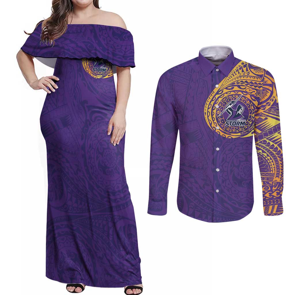 Personalized Melbourne Storm Couples Matching Off Shoulder Maxi Dress and Long Sleeve Button Shirt Polynesian Tribal Chest and Sleeve Tattoo