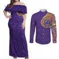 Personalized Melbourne Storm Couples Matching Off Shoulder Maxi Dress and Long Sleeve Button Shirt Polynesian Tribal Chest and Sleeve Tattoo