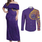 Personalized Melbourne Storm Couples Matching Off Shoulder Maxi Dress and Long Sleeve Button Shirt Polynesian Tribal Chest and Sleeve Tattoo