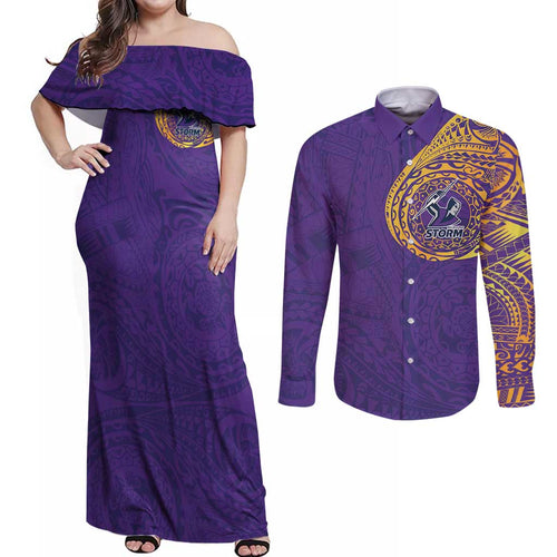 Personalized Melbourne Storm Couples Matching Off Shoulder Maxi Dress and Long Sleeve Button Shirt Polynesian Tribal Chest and Sleeve Tattoo