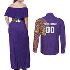 Personalized Melbourne Storm Couples Matching Off Shoulder Maxi Dress and Long Sleeve Button Shirt Polynesian Tribal Chest and Sleeve Tattoo