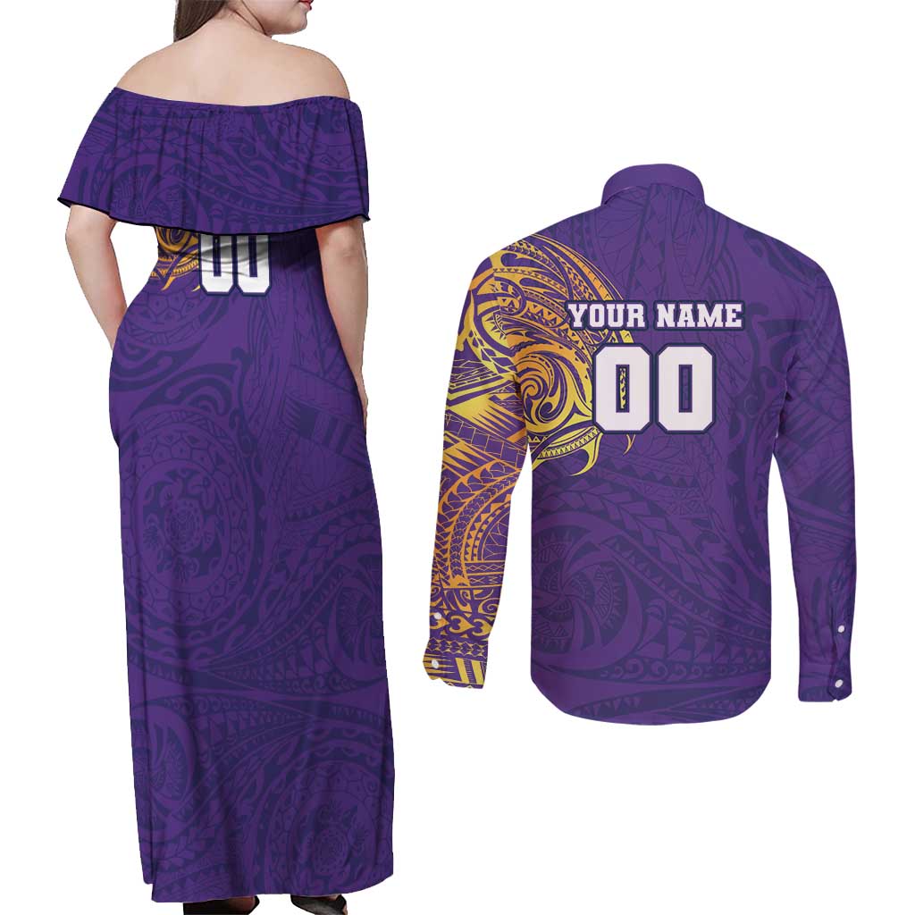 Personalized Melbourne Storm Couples Matching Off Shoulder Maxi Dress and Long Sleeve Button Shirt Polynesian Tribal Chest and Sleeve Tattoo