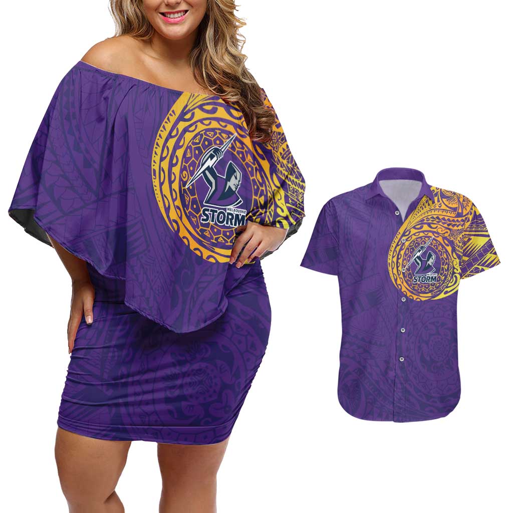 Personalized Melbourne Storm Couples Matching Off Shoulder Short Dress and Hawaiian Shirt Polynesian Tribal Chest and Sleeve Tattoo