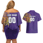 Personalized Melbourne Storm Couples Matching Off Shoulder Short Dress and Hawaiian Shirt Polynesian Tribal Chest and Sleeve Tattoo