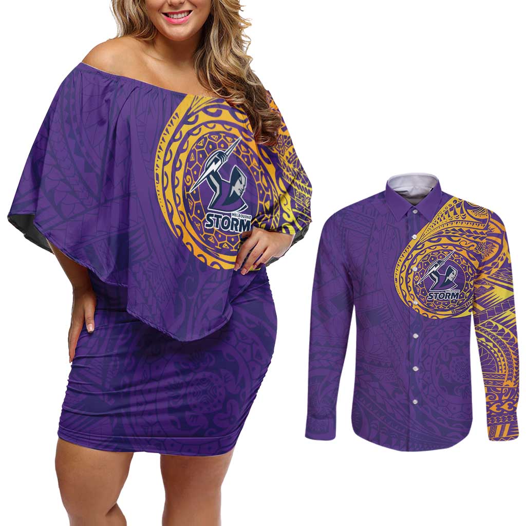 Personalized Melbourne Storm Couples Matching Off Shoulder Short Dress and Long Sleeve Button Shirt Polynesian Tribal Chest and Sleeve Tattoo