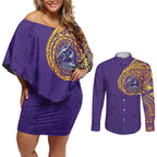 Personalized Melbourne Storm Couples Matching Off Shoulder Short Dress and Long Sleeve Button Shirt Polynesian Tribal Chest and Sleeve Tattoo