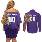 Personalized Melbourne Storm Couples Matching Off Shoulder Short Dress and Long Sleeve Button Shirt Polynesian Tribal Chest and Sleeve Tattoo