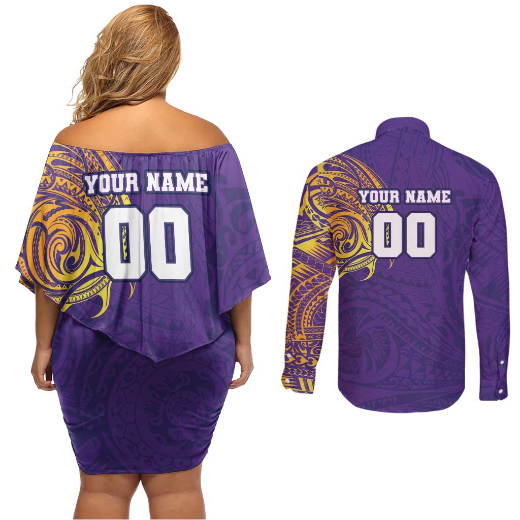 Personalized Melbourne Storm Couples Matching Off Shoulder Short Dress and Long Sleeve Button Shirt Polynesian Tribal Chest and Sleeve Tattoo