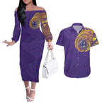 Personalized Melbourne Storm Couples Matching Off The Shoulder Long Sleeve Dress and Hawaiian Shirt Polynesian Tribal Chest and Sleeve Tattoo