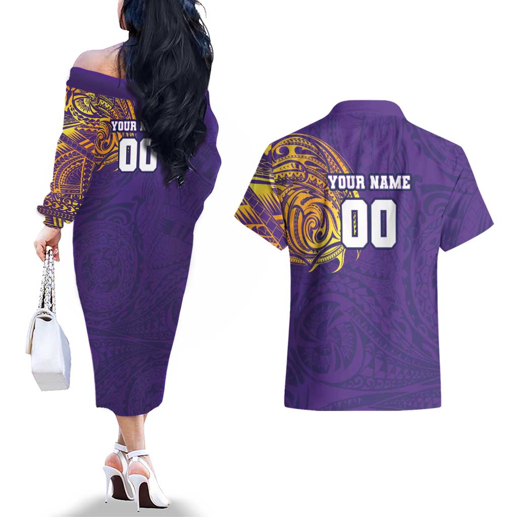 Personalized Melbourne Storm Couples Matching Off The Shoulder Long Sleeve Dress and Hawaiian Shirt Polynesian Tribal Chest and Sleeve Tattoo