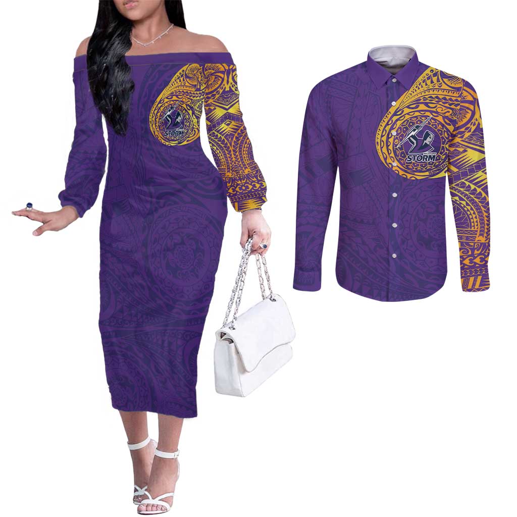 Personalized Melbourne Storm Couples Matching Off The Shoulder Long Sleeve Dress and Long Sleeve Button Shirt Polynesian Tribal Chest and Sleeve Tattoo