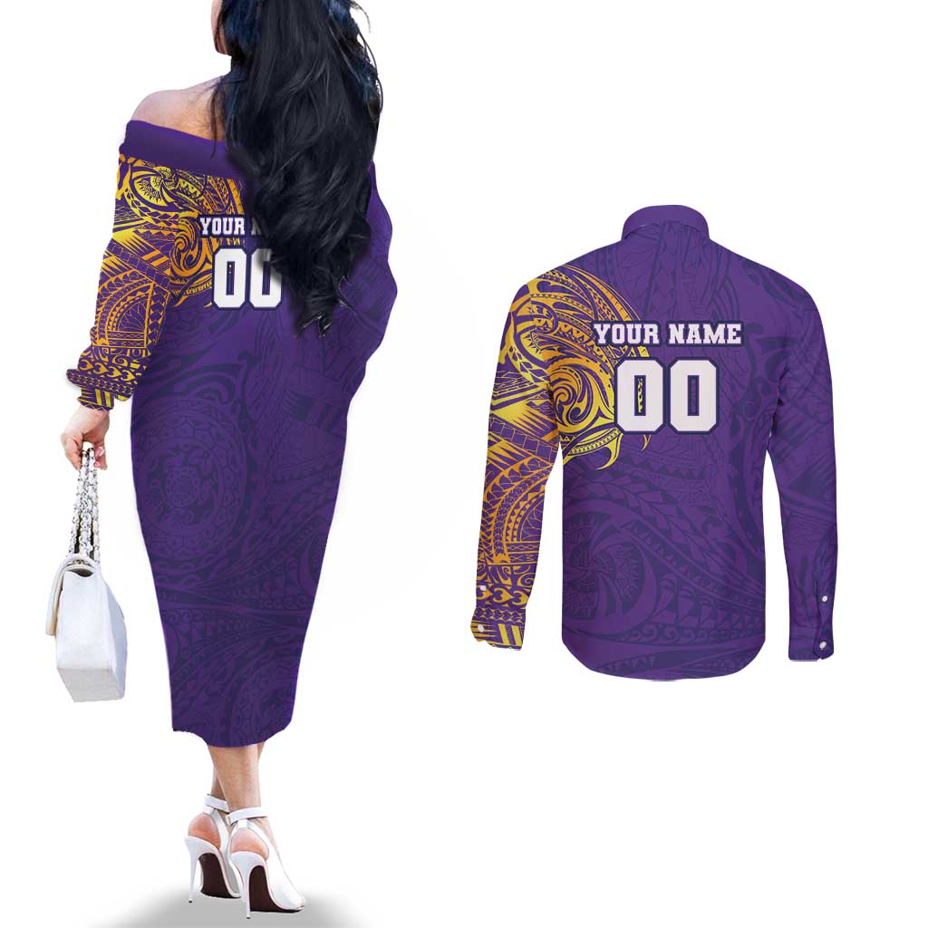 Personalized Melbourne Storm Couples Matching Off The Shoulder Long Sleeve Dress and Long Sleeve Button Shirt Polynesian Tribal Chest and Sleeve Tattoo