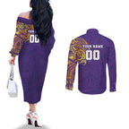 Personalized Melbourne Storm Couples Matching Off The Shoulder Long Sleeve Dress and Long Sleeve Button Shirt Polynesian Tribal Chest and Sleeve Tattoo