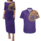 Personalized Melbourne Storm Couples Matching Puletasi and Hawaiian Shirt Polynesian Tribal Chest and Sleeve Tattoo