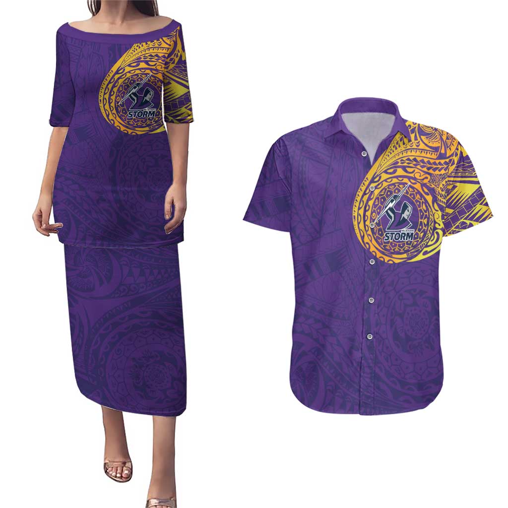 Personalized Melbourne Storm Couples Matching Puletasi and Hawaiian Shirt Polynesian Tribal Chest and Sleeve Tattoo