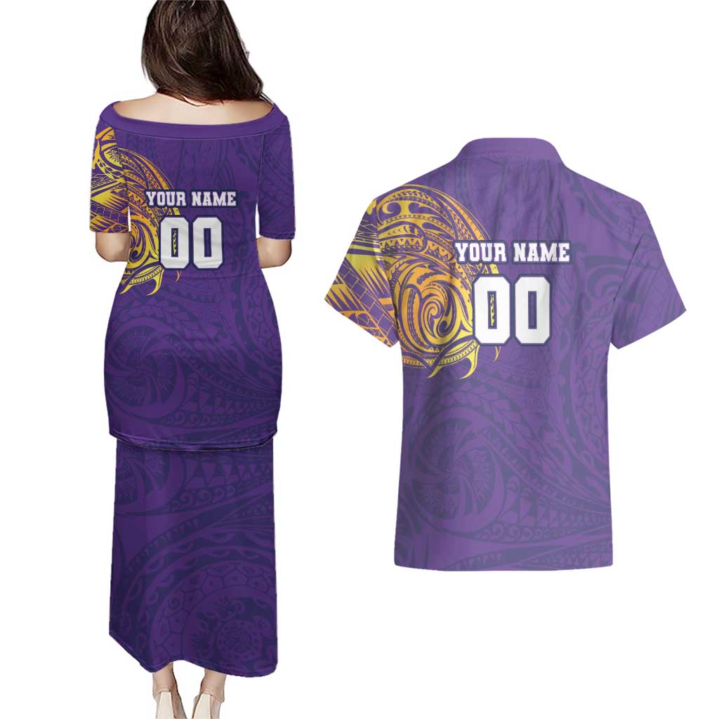 Personalized Melbourne Storm Couples Matching Puletasi and Hawaiian Shirt Polynesian Tribal Chest and Sleeve Tattoo