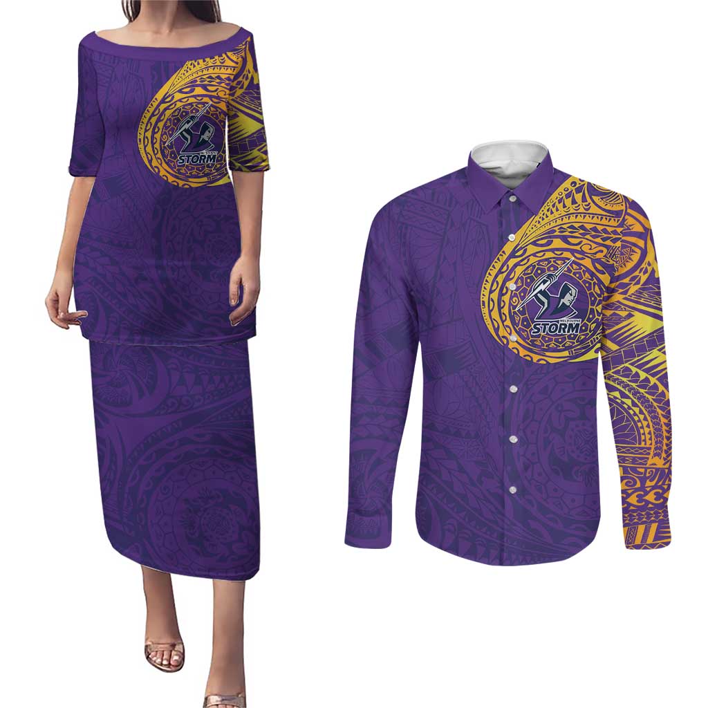 Personalized Melbourne Storm Couples Matching Puletasi and Long Sleeve Button Shirt Polynesian Tribal Chest and Sleeve Tattoo